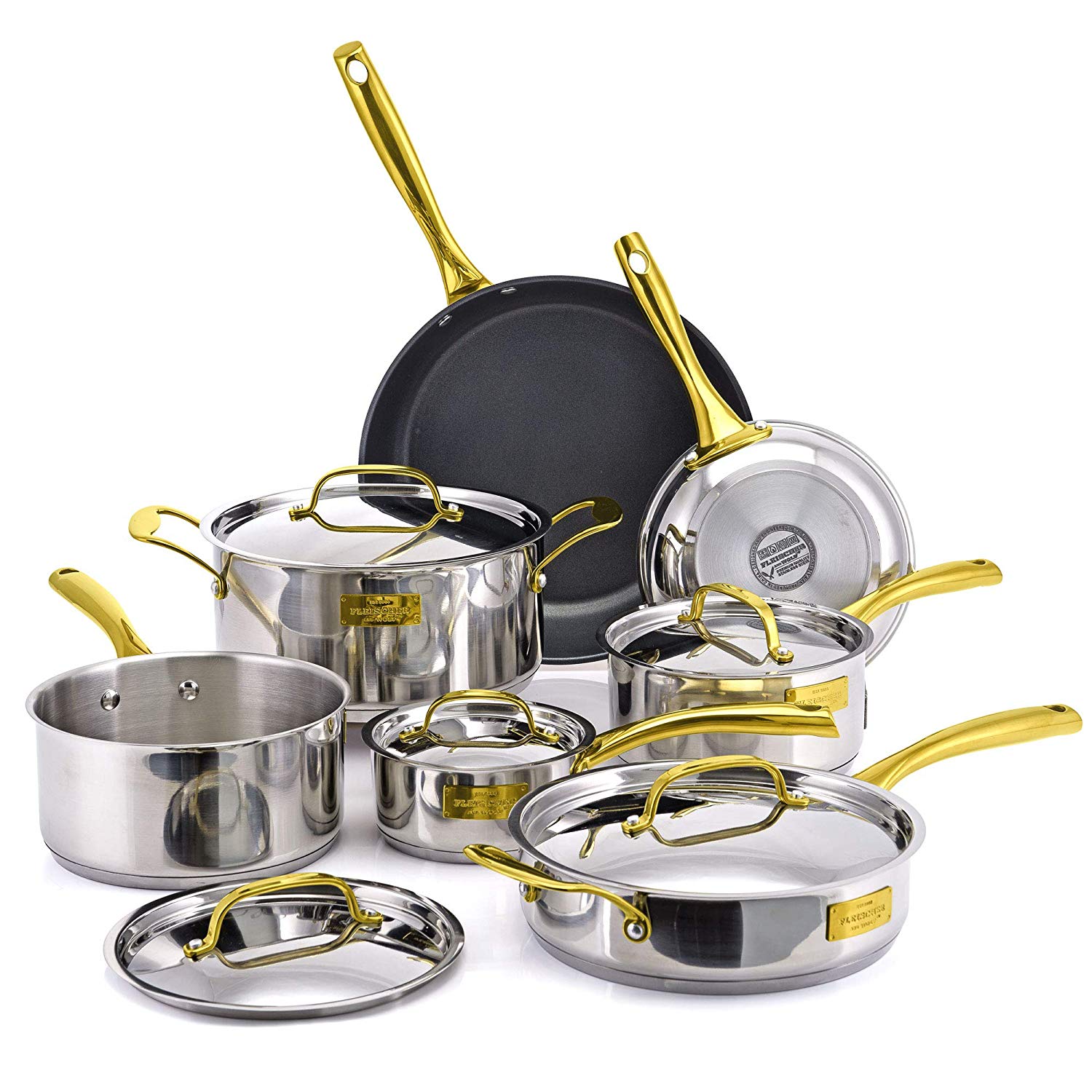 Fleischer & Wolf Nonstick Cookware Set 12pcs Stainless Steel Aluminum Fry Pots Pan Dishwasher Safe (London Upgrade Version)