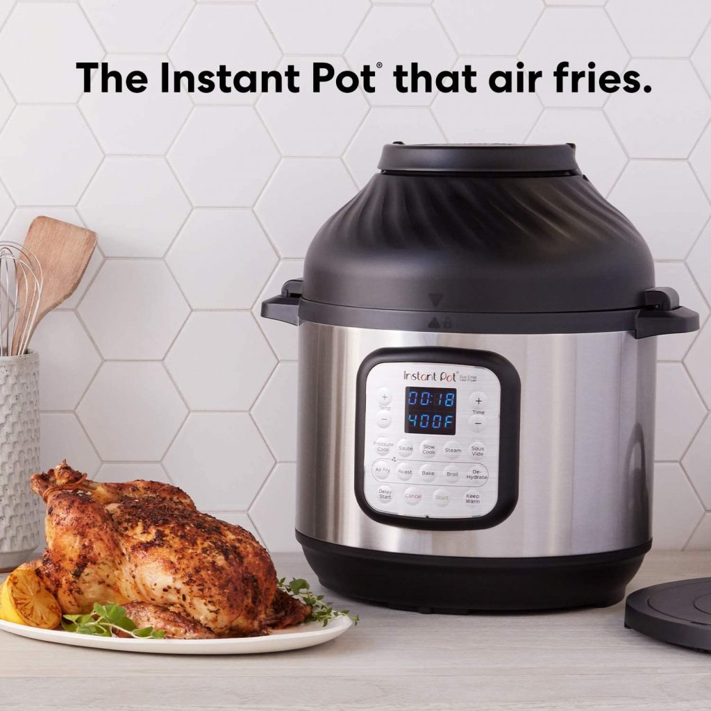 Instant Pot Duo Crisp Pressure Cooker and air fryer with chicken