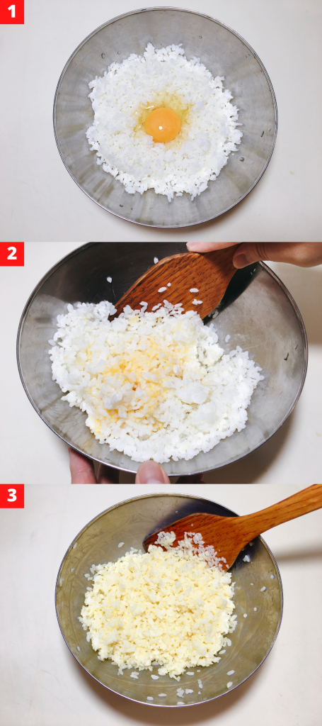 Add white rice and egg in a bowl