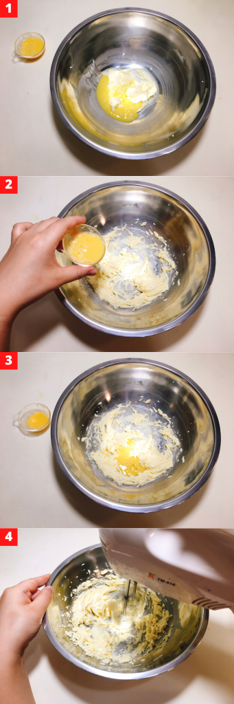 Add whole egg liquid in batches