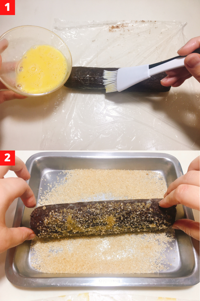Brush the dough log with egg liquid lightly and roll it on the brown sugar.