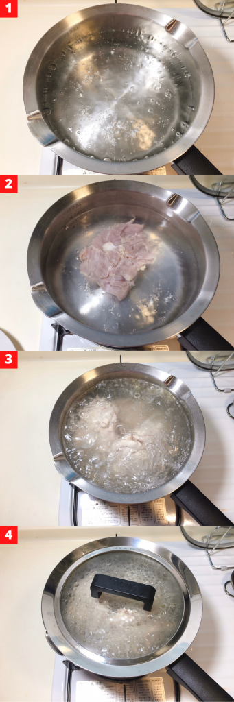 Cook chicken thighs in boiled water