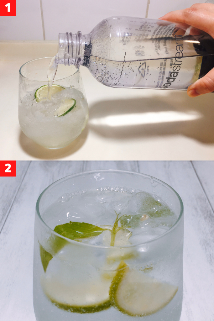 add sparkling water and mint leaves