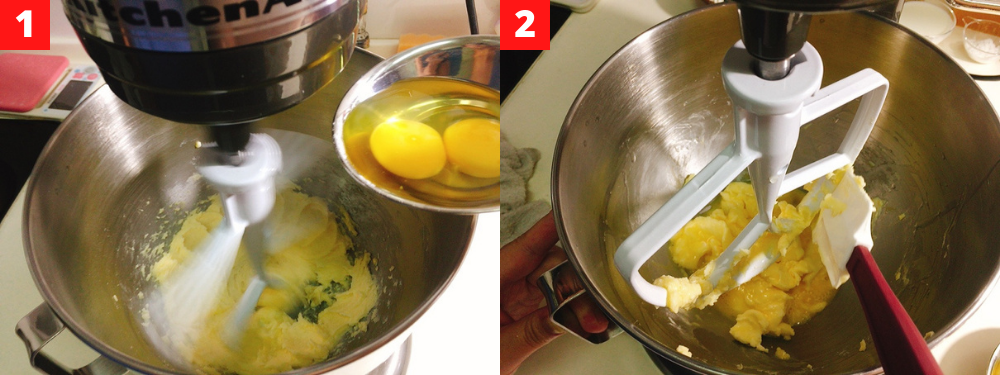 Add eggs to the mixing bowl and continue whisking