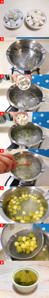 Cook the sweet potato balls and matcha balls in boiled water
