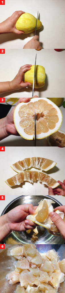 Use a knife to cut off a circle at the head and bottom of the pomelo