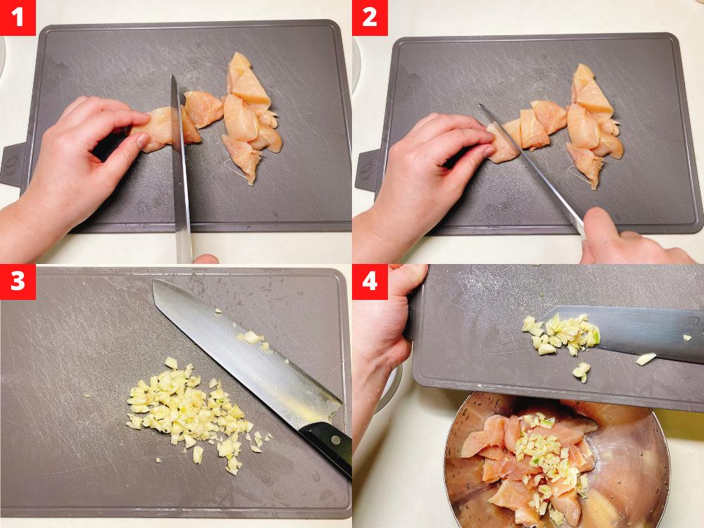 Cut chicken breast into about 1-inch cubes