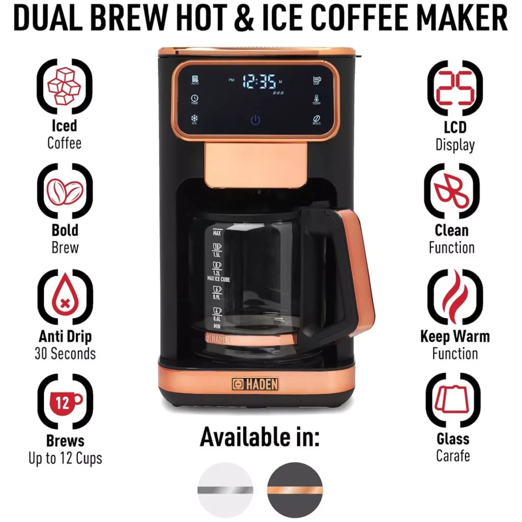 Haden Dual Brew 12 Cup Hot & Iced Digital Drip Coffee Maker Functions